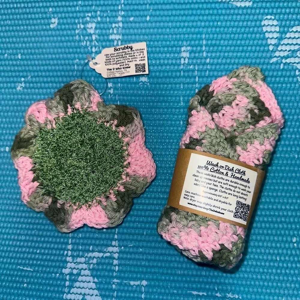 Pink and Green Handmade Cotton Multi Use Washcloth Set